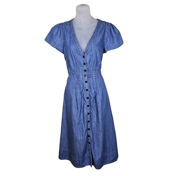 Madewell Midi Shirt Dress 6 Chambray Denim Pleated Cottage Blue Button Western - Picture 2 of 16